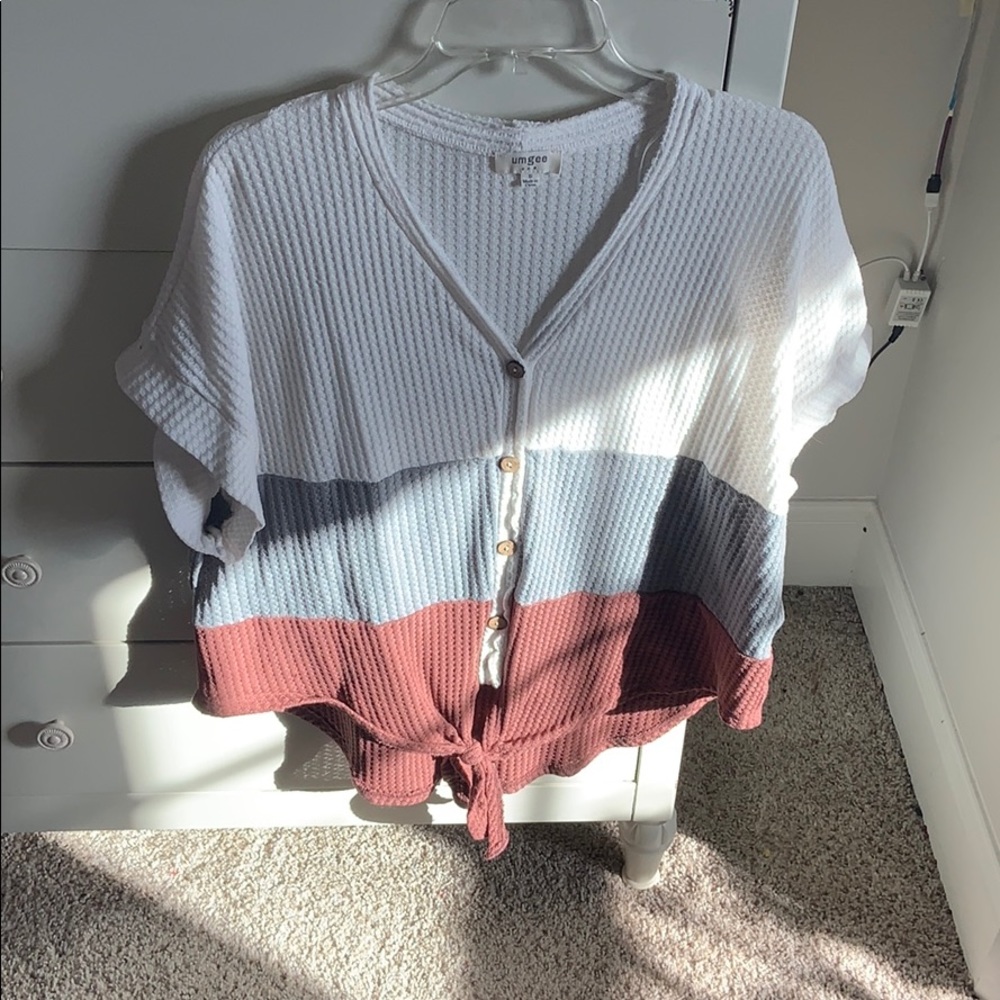 Red, Gray, and white V neck button down top